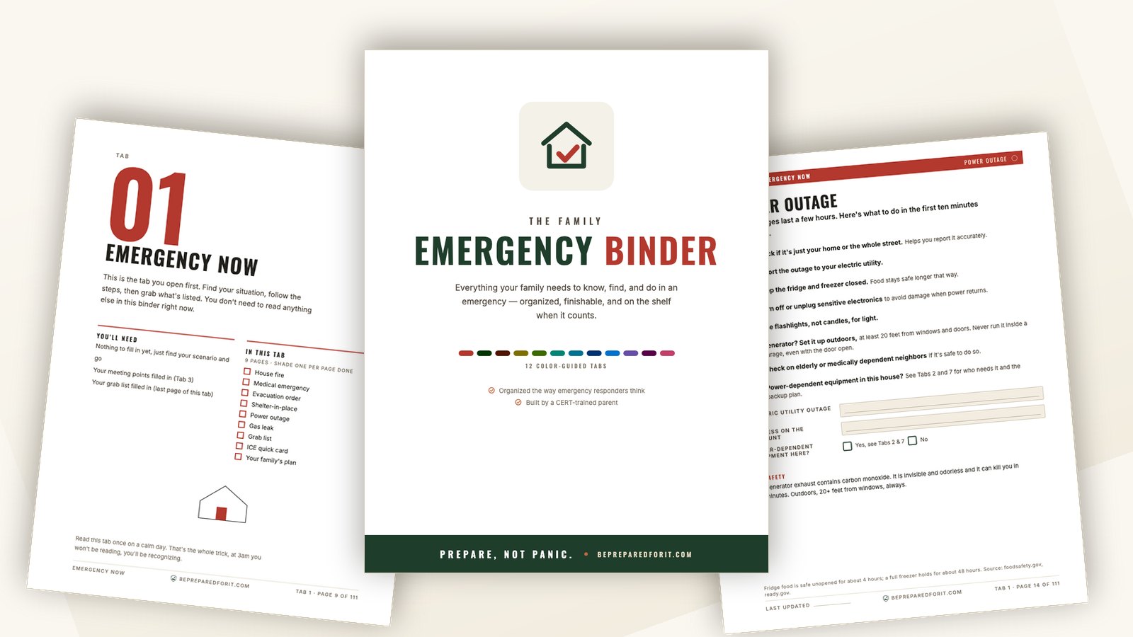 Three pages from the Family Emergency Binder on a desk: the Emergency Now tab divider on the left, the binder's cover page in front, and the Power Outage page on the right.