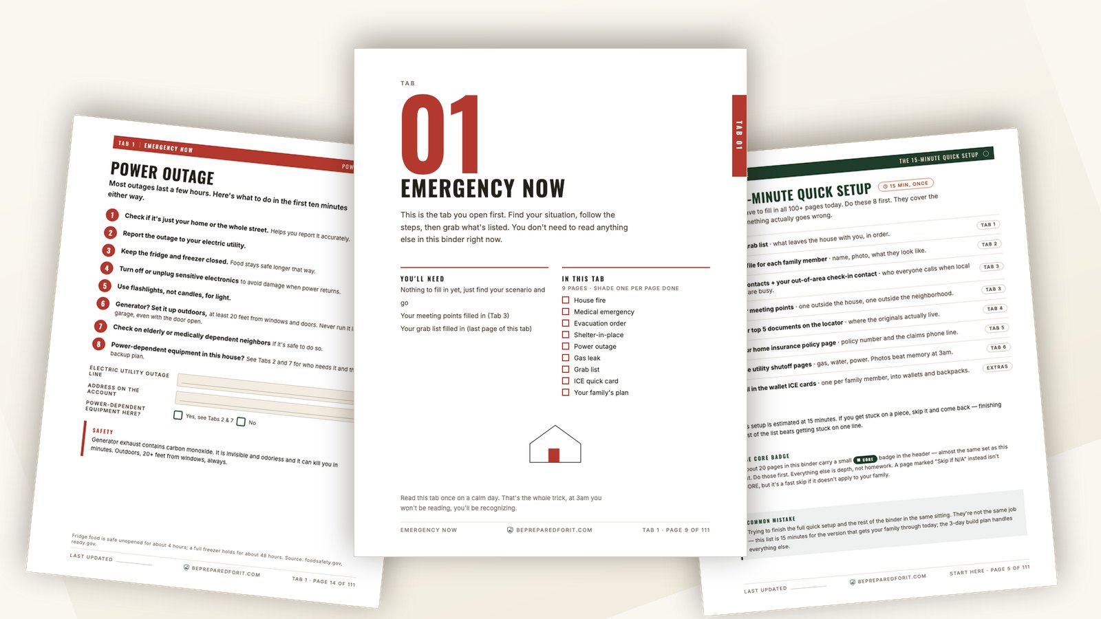 Three pages from the Family Emergency Binder on a desk: the Power Outage page on the left, the Emergency Now tab divider in front listing the eight emergencies in the tab, and the 15-Minute Quick Setup checklist on the right.