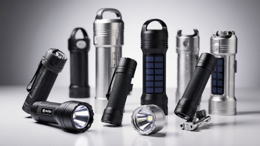 A row of black and silver hand-crank and solar flashlights of different sizes, some standing upright and some lying on a table