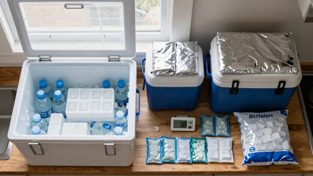 Open cooler packed with water bottles and ice packs next to two foil-topped coolers, loose ice packs, a bag of ice, and a thermometer reading 38 degrees
