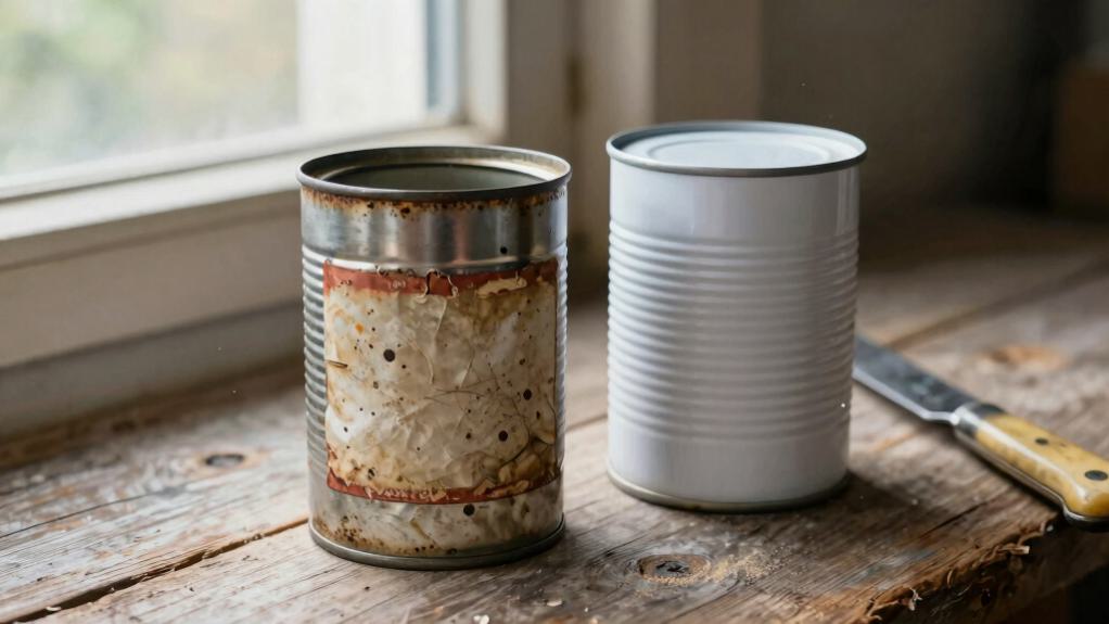 A rusted, corroded can with a torn label next to a clean, undamaged can on a wood counter, showing the difference between a can to toss and one that is still safe