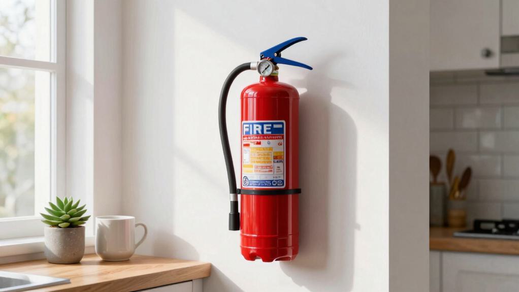 A red fire extinguisher with a pressure gauge mounted on a kitchen wall near a window