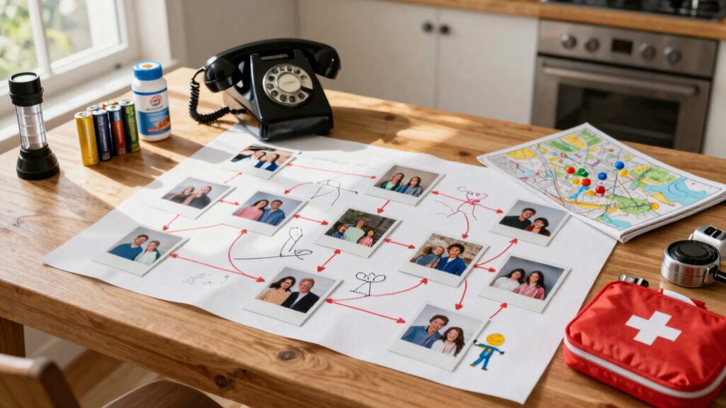 A family contact map connects relatives' photos with red arrows on a kitchen table, beside a rotary phone, batteries, a flashlight, a marked map, and a first aid kit.