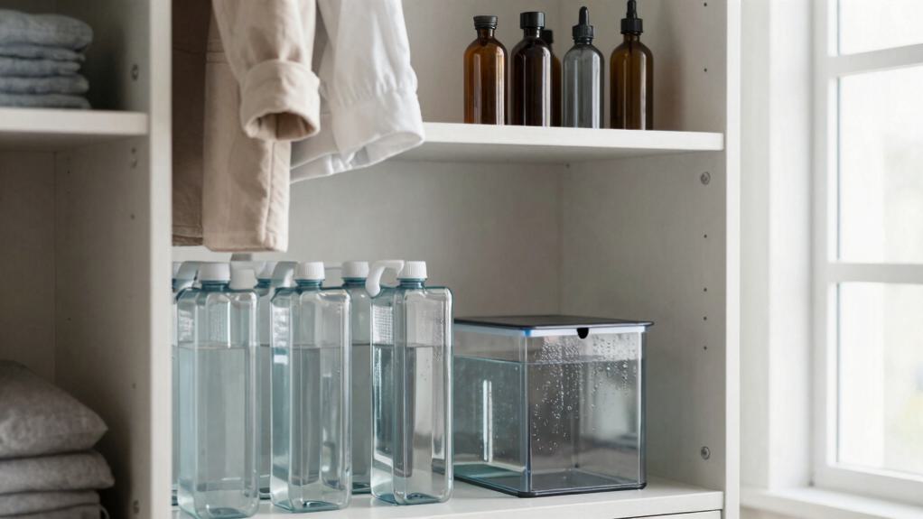 Stacked slim water bottles and a clear storage bin on a closet shelf next to folded clothes