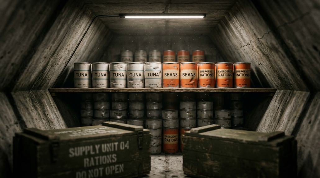 Shelves of canned tuna, beans, and emergency ration tins stacked in a dim storage room, with supply crates on the floor in front