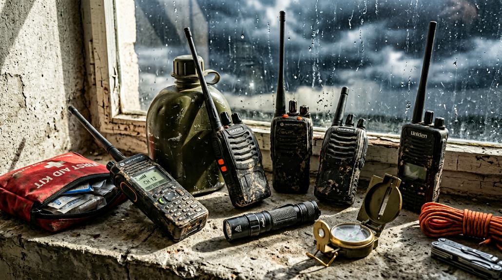 Several worn two-way radios lined up with a first aid kit, compass, and flashlight by a rainy window