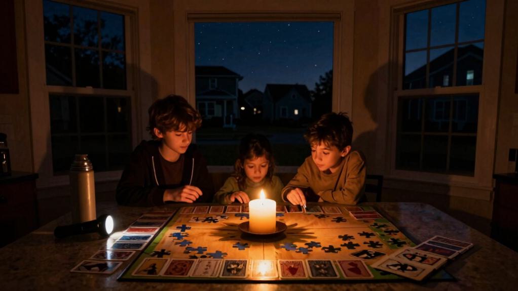 Three kids playing a board game by candlelight and flashlight at the kitchen table during a nighttime power outage, with a quiet neighborhood visible through the window