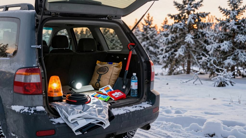 Open SUV trunk packed with a winter emergency kit, including a folding shovel, first aid kit, water, an emergency blanket, jumper cables, and a warning beacon, parked on a snowy road